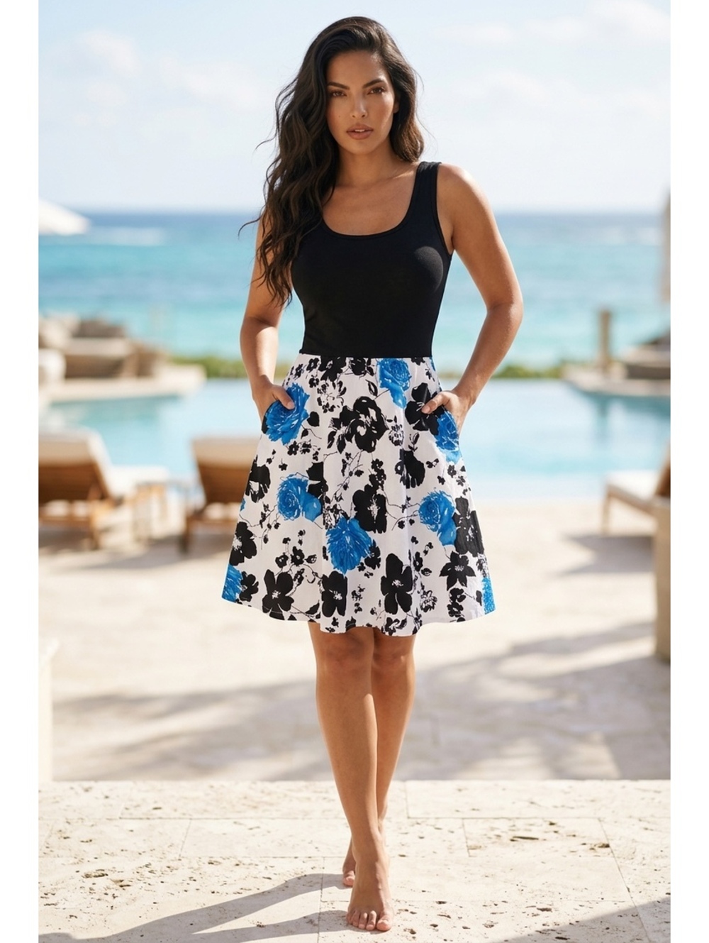 VETIOR Floral Women's Sleeveless Scoop Neck Summer Party Cocktail Midi Dress (L)